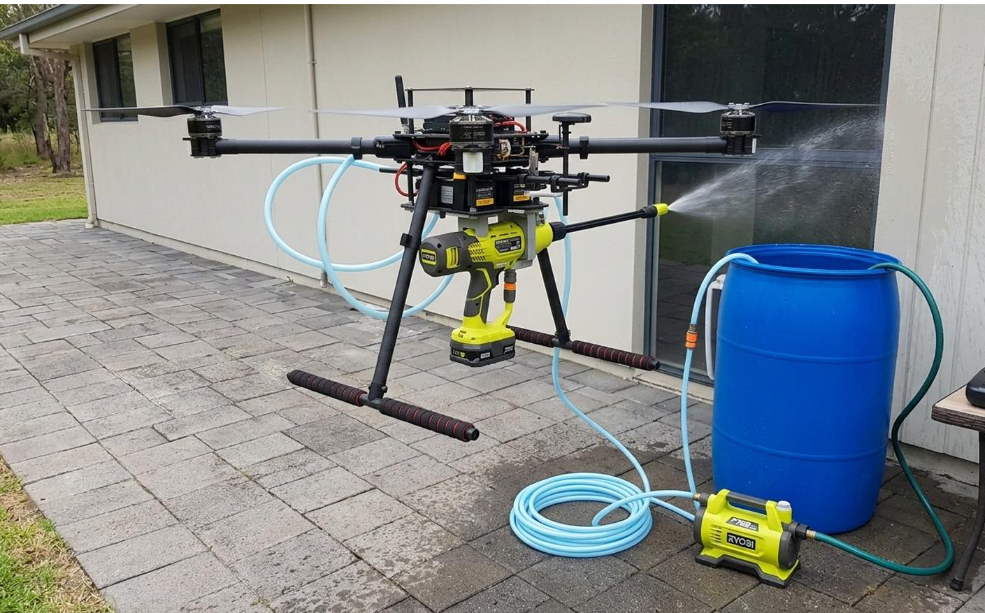 Pressure-washing drone system concept with onboard washer and external water supply